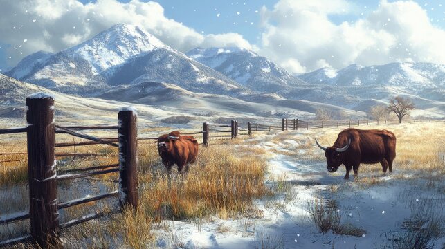 Wyoming Christmas Landscape With Snow and Cattle in Serene Setting Generative AI