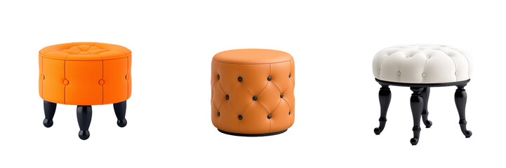 A round tufted velvet ottoman in a soft gray hue with button tufting is a stylish and comfortable addition to any modern interior. The ottoman has been isolated on a transparent white background, so