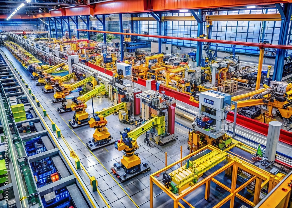 Poster aerial view of industrial robots efficiently working on a production line in a modern manufacturer f