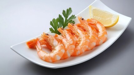 Boiled king prawns on a plate, showcasing their juicy texture and bright orange shells, isolated on a plain background for an appetizing presentation.