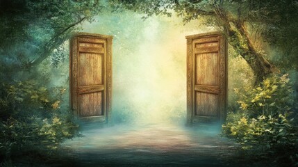 Two wooden doors open to a mystical path in a lush green forest with sunlight shining through.