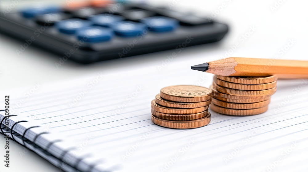Poster a pencil rests on a notebook next to stacks of coins and a calculator, symbolizing financial plannin