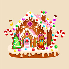 Christmas gingerbread house flat vector illustration. Christmas house with cookies and candies