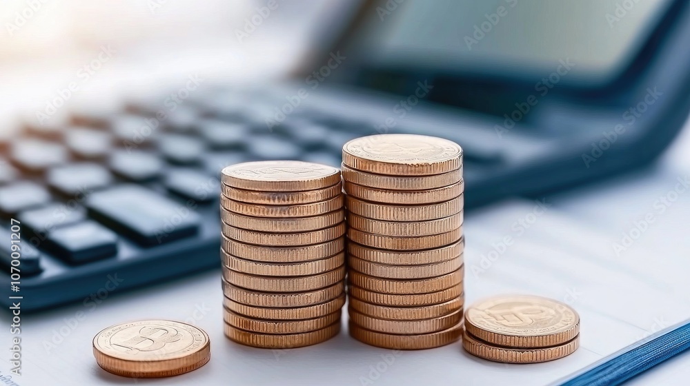 Poster calculator and coins arranged on a notebook against a soft white background in a minimalistic financ