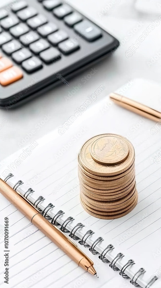 Poster close-up of a stack of coins beside a notepad and pen with a calculator in a bright workspace focusi