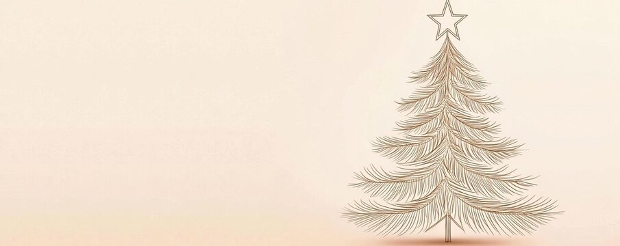 Line art Christmas tree with a single star on top, beige background, modern minimalist holiday