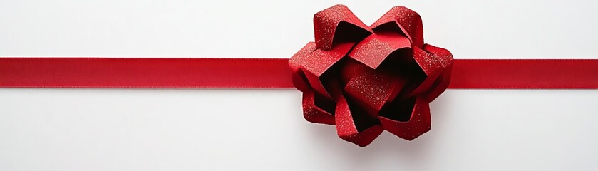 Red holiday ribbon arranged in a minimalist bow, white background, clean holiday vibe