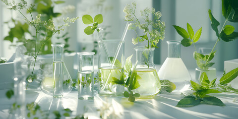 Pure natural green plants soaked in test tubes waiting for extraction. Food science, health, nutrition, business, beauty, medical, commercial poster, poster, wallpaper, background