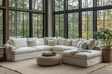Fototapeta premium White Sectional Sofa in a Room with Large Windows and Forest View