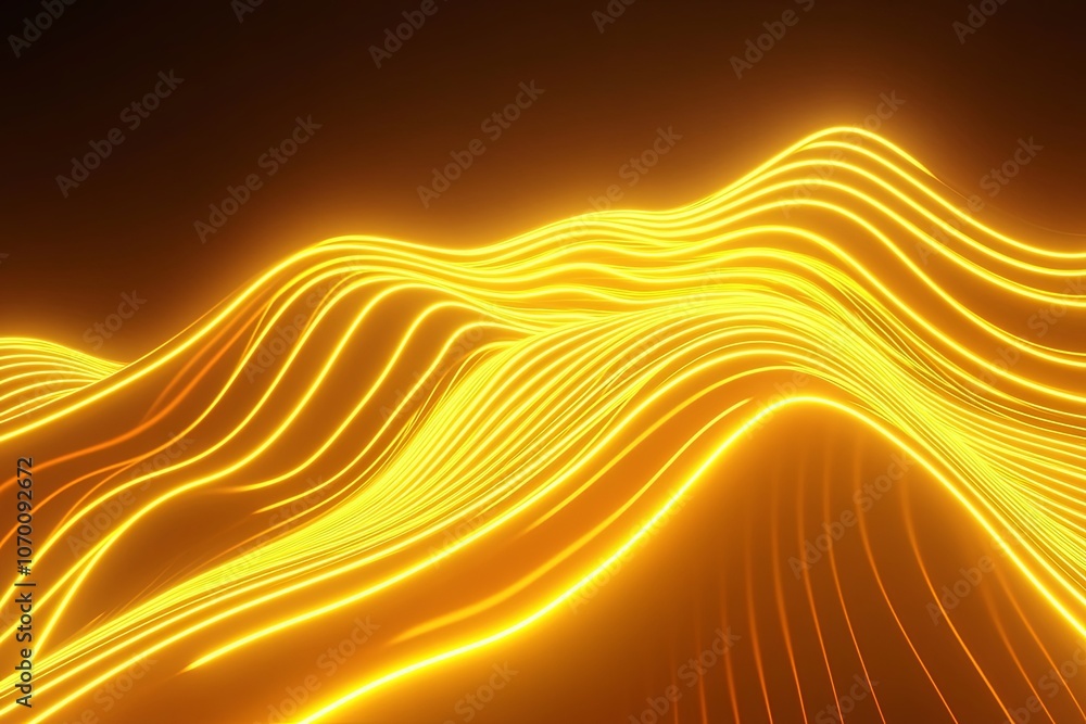Poster golden waves of light glowing in an abstract pattern, creating a mesmerizing flow against a dark bac