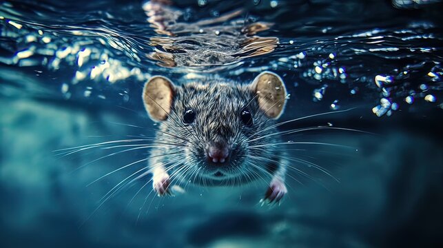 A curious rat swims underwater, its whiskers twitching as it looks directly at the camera. - Powered by Adobe
