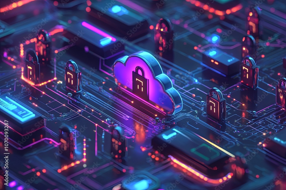 Poster colorful digital representation of cloud security and data protection on a circuit board showcasing 