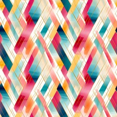 Abstract bright seamless pattern with colorful brush strokes in blue or teal, red, pink, orange, yellow, white colors and gold lines. Watercolor abstract art.