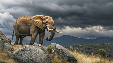 Fototapeta premium A large African elephant stands on a rocky outcrop in a grassy field, with a dramatic stormy sky above and a distant mountain range in the background.