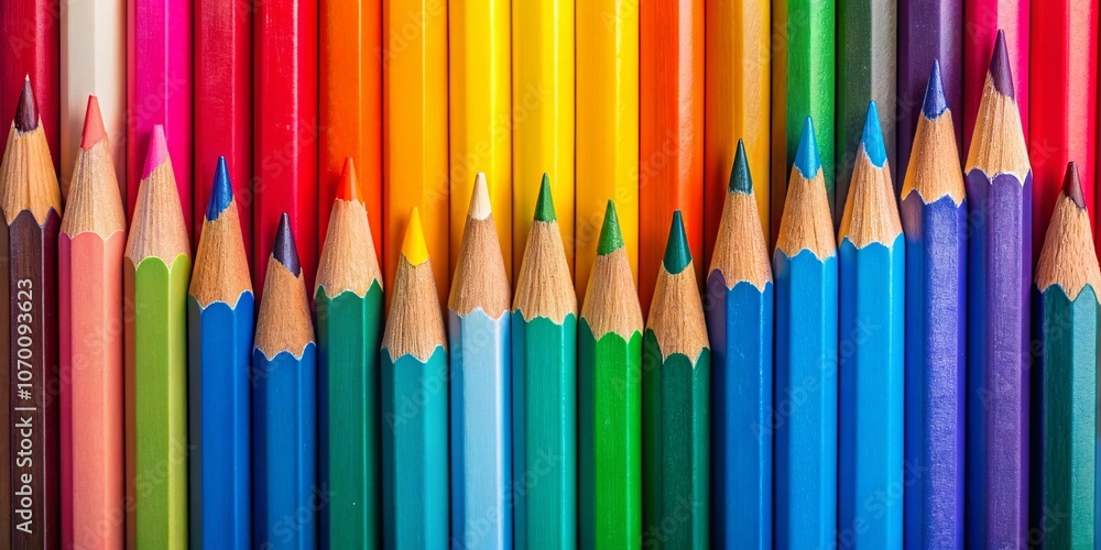 Poster aerial view of vibrantly colored pencils aligned neatly with ample copy space above for creative pro
