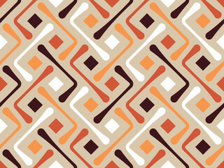 Retro-style geometric composition with a grid of small squares and thin lines in brow, orange, and white on a beige background. Seamless repeating pattern. Vector illustration.
