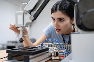 Fototapeta na wymiar Hispanic engineer woman working on AI technology in robotics electronics engineering laboratory. University students' research project is programming robot machine with intelligent mechanical control