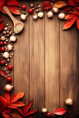 Fototapeta premium Hojas de otoño, nueces y bayas rojas organizadas alrededor de un marco de madera, creando un fondo cálido y estacional para celebraciones otoñales.