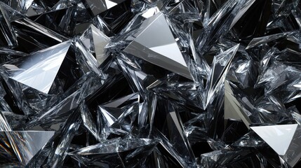 Abstract background of many shiny, reflective glass triangles, sharp and edgy, forming a chaotic pattern.