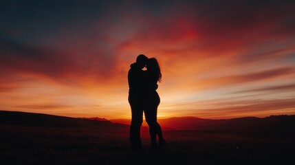 A couple embraces against a vibrant sunset, their silhouettes standing out against the fiery sky. The warm colors paint the landscape with a sense of romance and tranquility.