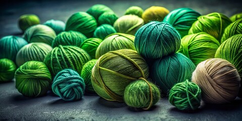 Aesthetic Low Light Photography of Green Knitting Threads in Various Shades on a Gray Background, Showcasing a Pattern of Thread Balls and Needlework in a Flat Lay Arrangement