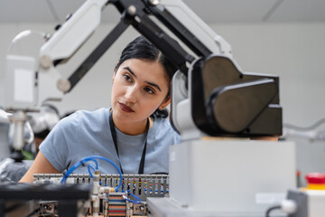 Hispanic engineer woman working on AI technology in robotics electronics engineering laboratory....