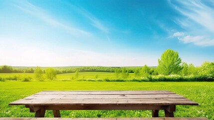 Fototapeta premium Serene Landscape with Wooden Bench in Bright Nature
