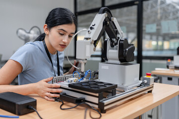 Hispanic engineer woman working on AI technology in robotics electronics engineering laboratory....