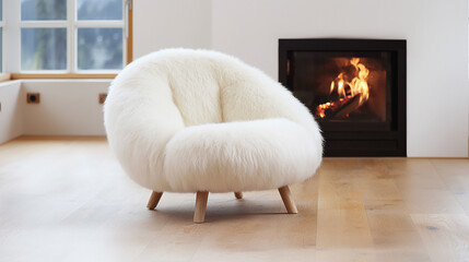 Natural texture armchair by fireplace, cozy charm