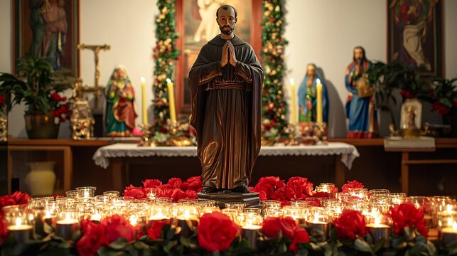 The statue of Saint Maximilian Kolbe, adorned by candles and religious symbols, gracefully embodies the essence of sacrifice and devotion in a serene atmosphere.