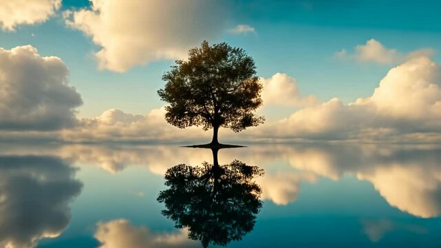A single tree stands tall in the middle of a calm lake, its reflection mirroring the clouds above