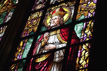 Stunning stained glass portrays Saint Paulinus, embodying his devotion amidst delicate religious motifs and gentle illumination.