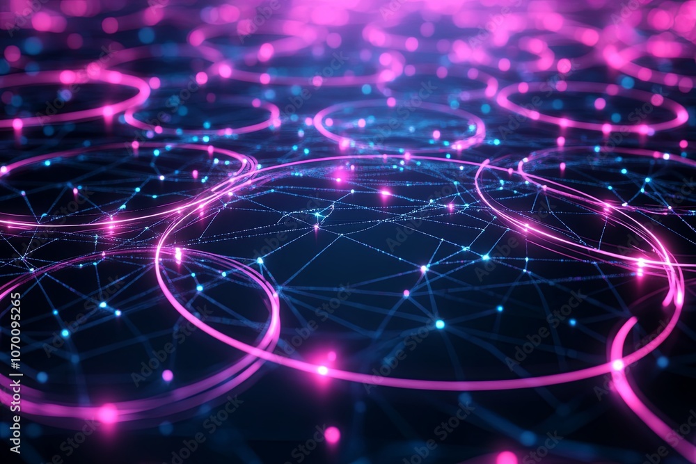 Aufkleber abstract digital network with glowing circles and interconnected lines in vibrant shades of pink and
