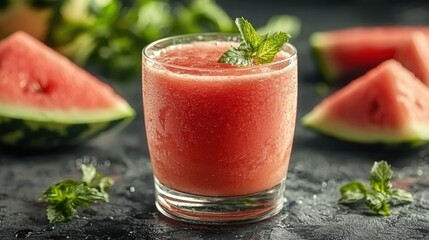 Refreshing watermelon drink garnished with mint served in a glass with fruit slices