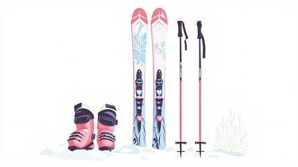 Ski-themed graphic showcasing skis, poles, and boots from a front perspective on a clean white backdrop, ideal for winter sports design.