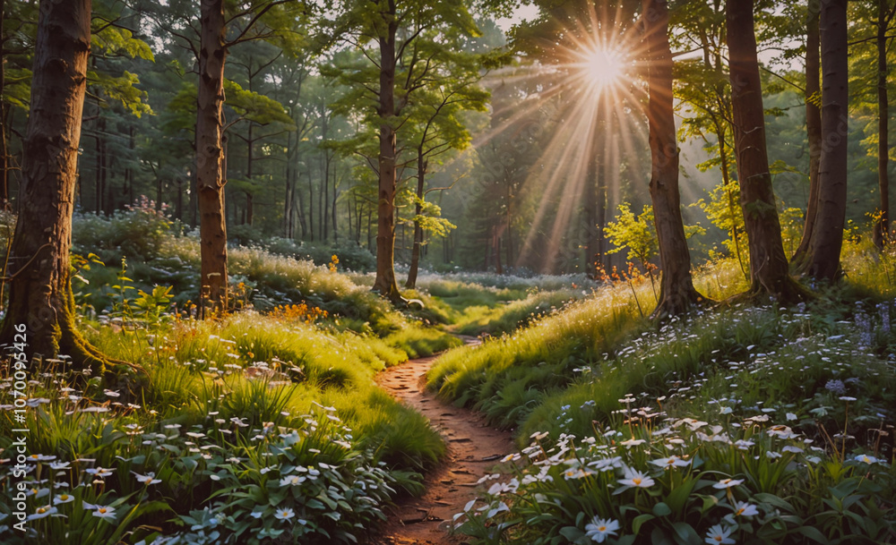 Poster path through a forest with a sun shining on the ground