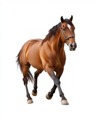 Horse running front view, full-body shot, isolated on a white background.