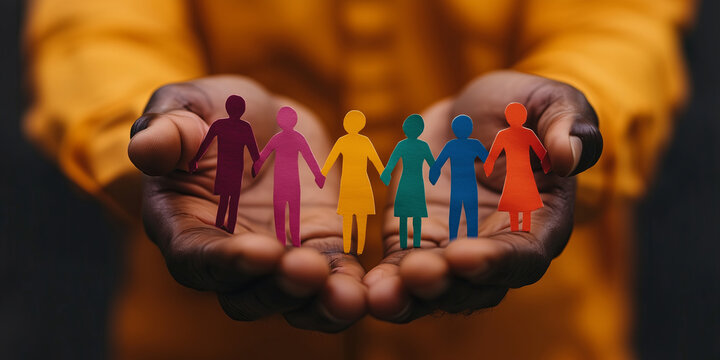Human hands holding many colorful cutout paper people. International day for tolerance. Inclusion, diversity and acceptance concept.