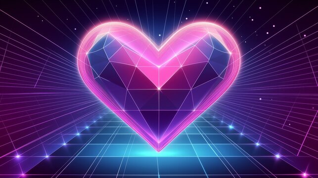 Neon pink heart, geometric wireframe shape grid including abstract pattern, cyberpunk.