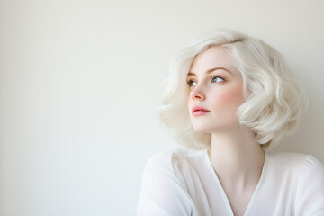 Pale-Skinned Woman with Albinism and Curly Hair in Bright White Room, Looking Thoughtfully to the Side with Natural Light and Soft Shadows