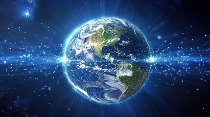 A detailed, realistic image of planet Earth glowing against a background of distant stars.