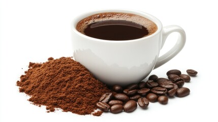 Fototapeta premium Coffee mug and freshly ground coffee beans arranged on a white background, highlighting the rich, warm tones of the coffee.