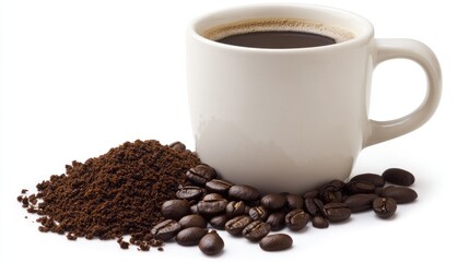 Fototapeta premium Coffee mug and freshly ground coffee beans arranged on a white background, highlighting the rich, warm tones of the coffee.