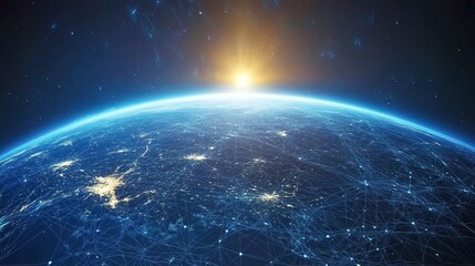 Obraz premium A digital network of interconnected lines and dots covers the Earth with the sun rising in the distance.