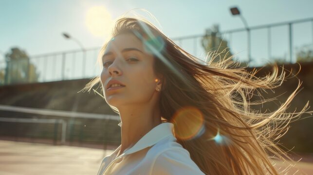 Dynamic Action Shot of a Sporty Woman with Long Hair Playing Tennis, Perfect for Sports Promotion and Fitness Campaigns