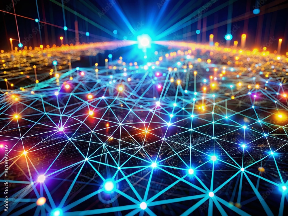Poster an electronic matrix of radiant nodes and lines, symbolizing the complex fabric of our digital infra
