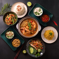 Assorted Thai Food Set on Dark Table