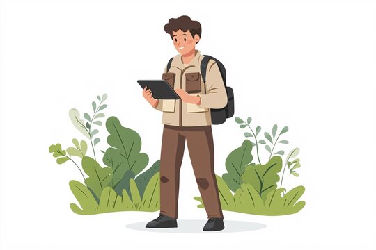 illustration of a zoologist analyzing animal data on a tablet, viewed from the front against a white background.