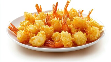 Crispy shrimp tempura on a clean white plate, isolated on a white background, showcasing the golden texture and airy batter of each piece.