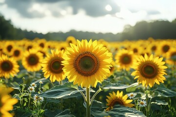 Fototapeta premium Vibrant sunflower field under a cloudy sky capturing nature's beauty and summer serenity